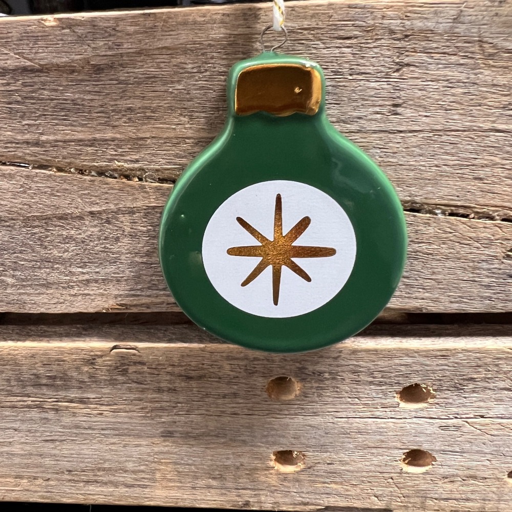 Green Ceramic Christmas Ornament Gold Starburst Mid Century Modern Style